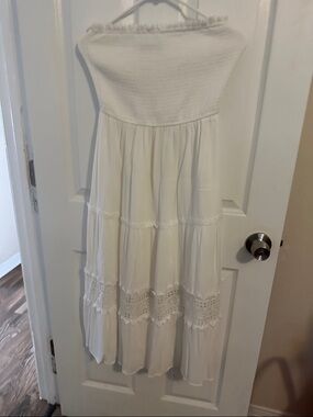Strapless White Boho Maxi Dress
